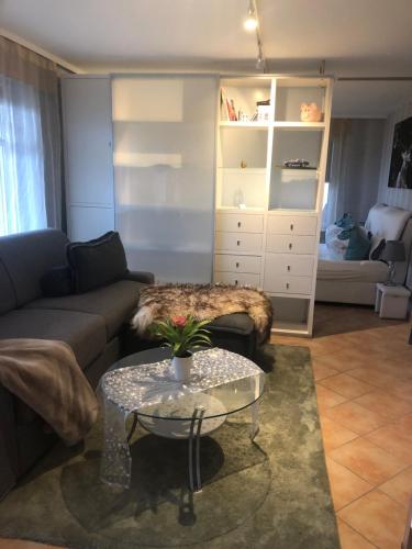 a living room with a couch and a table at Ferienwohnung Am Eichenberg in Blankenburg