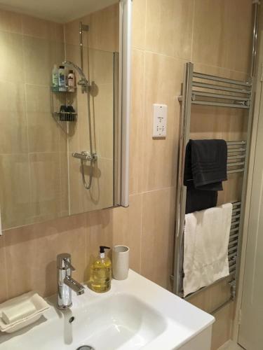 a bathroom with a sink and a shower at Yew Tree Cottage in Maidford