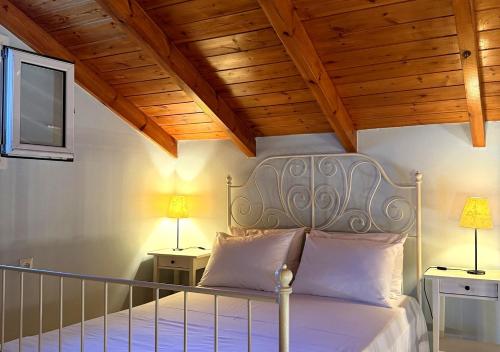 a bedroom with a bed with a wooden ceiling at Alkyonis House in Platithriás