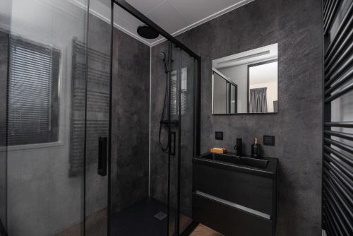 a bathroom with a shower and a sink and a mirror at Villa Nautica | 4 Pers. in Loosdrecht