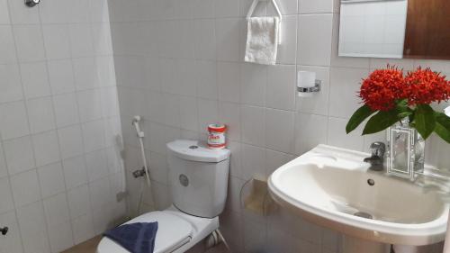 a bathroom with a white toilet and a sink at Whitepearl Beach in Hikkaduwa