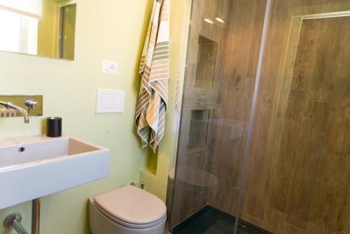 a bathroom with a shower and a toilet and a sink at Matinee Rooms in Mattinata
