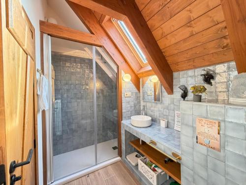 a bathroom with a shower and a sink at Borda del Llano in Bielsa
