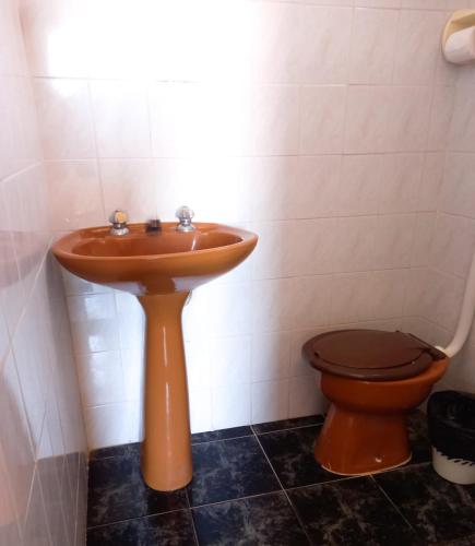 a bathroom with a sink and a toilet at Bituca Hostel e Café in Milho Verde