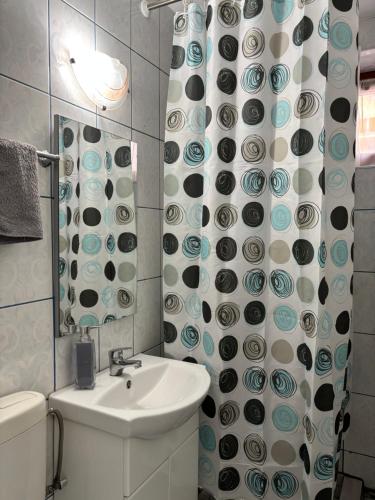 a bathroom with a sink and a toilet and a shower curtain at Kiadó apartman in Borsec