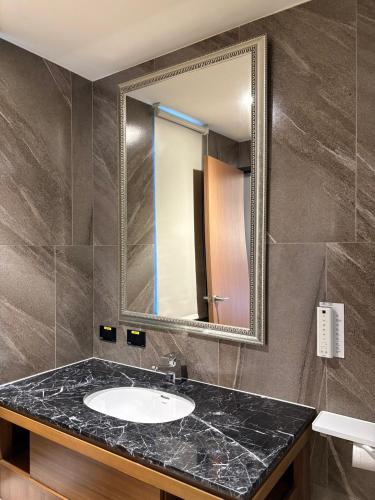 a bathroom with a sink and a mirror at 翡秝大飯店 in Beinan