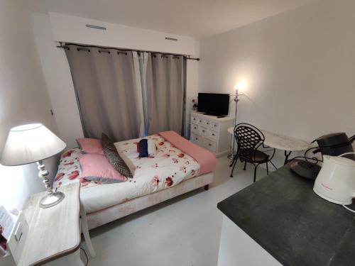 a bedroom with a bed and a desk and a television at Studio idéal cure ou séjour escapade in Balaruc-les-Bains