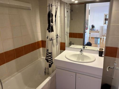 a bathroom with a sink and a shower curtain at Appartement Les chalets de Puy-St-Vincent 1700 in Puy-Saint-Vincent