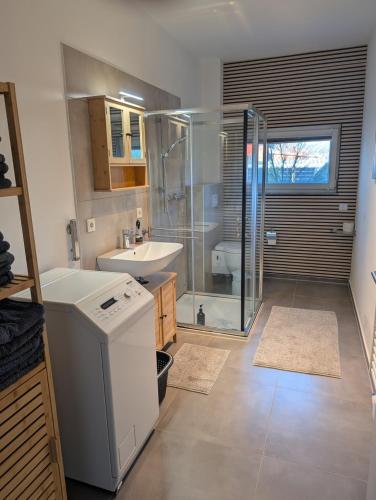 a bathroom with a glass shower and a sink at Ferienwohnungen Villa Ventil in Feldberg
