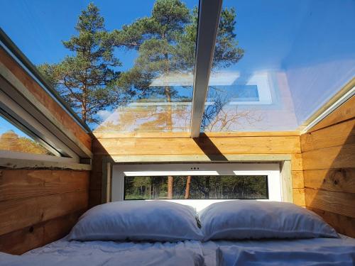 a bed in a room with a large window at Gluba Treetop Cabins Elgposten in Harkmark
