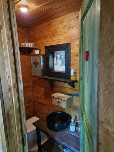 a small bathroom with a television and a sink at Gluba Treetop Cabins Elgposten in Harkmark