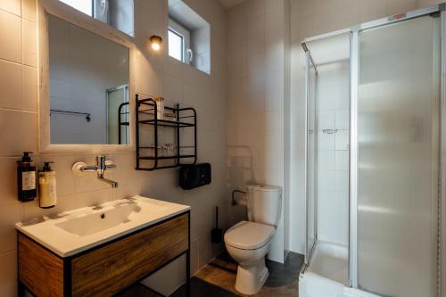 a bathroom with a sink and a toilet and a shower at Penzión Topky in Banská Štiavnica