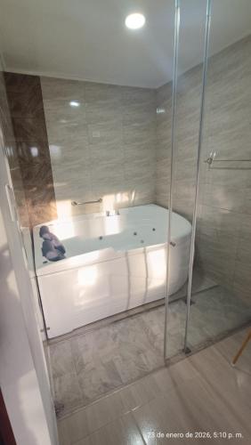 a white bath tub in a bathroom with a shower at Hotel VIYAJE in Funza