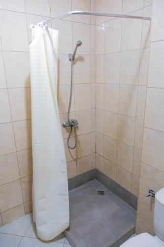 a shower in a bathroom with a shower curtain at Студио 8 Уютна Почивка in Hisarya