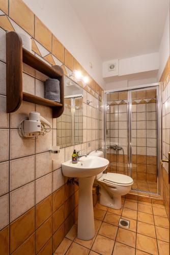 ein Badezimmer mit Toilette, Waschbecken und Dusche in der Unterkunft Fretzato in Elati, Trikala