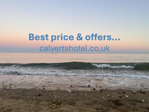 a picture of the beach with the words best price and offers at Calverts Hotel - Newport, Isle of Wight - CAR FERRY TICKET from 109 Pounds in Newport