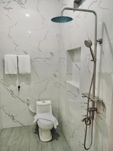 ein Badezimmer mit Toilette und Dusche in der Unterkunft Arga Hostelry in Kareo