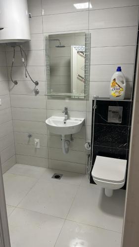 a bathroom with a sink and a toilet and a mirror at APARTMANI Sarajevo in SJJ