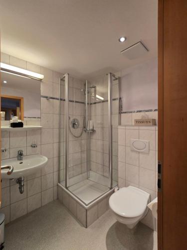 a bathroom with a shower and a toilet and a sink at Hotel Post Jungingen in Jungingen