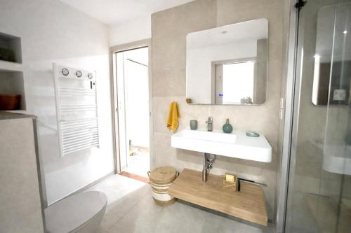 a bathroom with a sink and a mirror and a shower at Appartement T3 Place du Marché in Bastia
