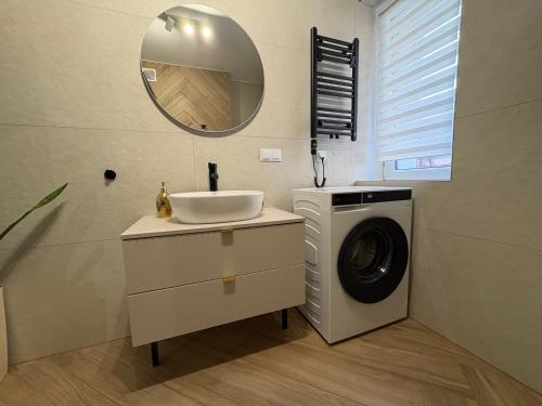 a bathroom with a sink and a washing machine at Apartaments Rocha 159 - Blisko Jasnej Góry - free parking in Częstochowa