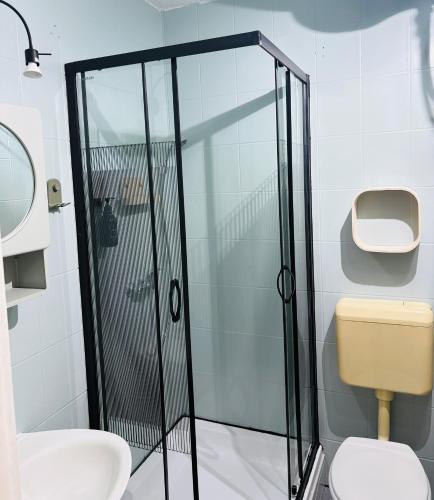 a bathroom with a shower and a toilet at Apartmány Júlia in Živogošće
