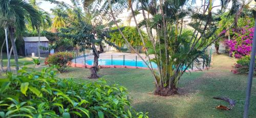 a swimming pool in a yard with trees and flowers at Escale caraibe in Le Gosier