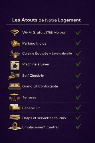 a screenshot of a webpage with a list of accessories at Studio Terrasse et parking, 4 pers par ALP Chartres in Chartres