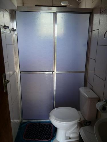a small bathroom with a toilet and a shower at Chalé Romântico in Extrema