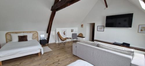 a bedroom with a bed and a tv and a couch at Maison Monéteau 6 personnes in Monéteau