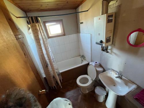 a small bathroom with a toilet and a sink at Cabañas centro Quellón in Quellón