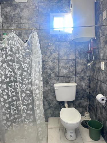 a bathroom with a toilet and a shower curtain at casa quinta oasis2 in Oro Verde
