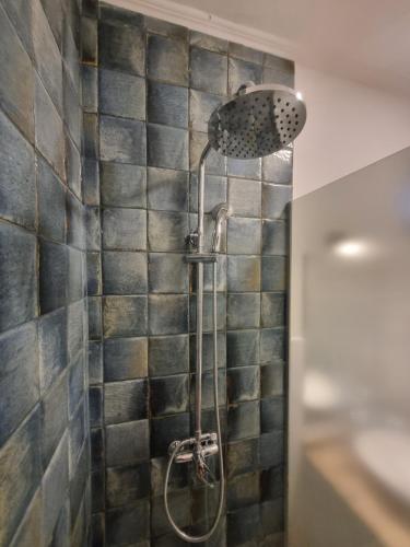 a shower in a bathroom with a tile wall at Container home in San Rafael