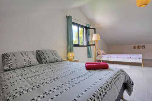 a bedroom with a white bed with a pink pillow at Dragon Fly Location saisonnier in Le Tampon