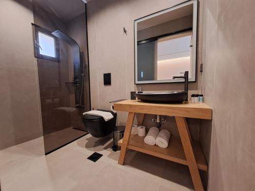 a bathroom with a sink and a mirror at Castella Luxe in Loutro