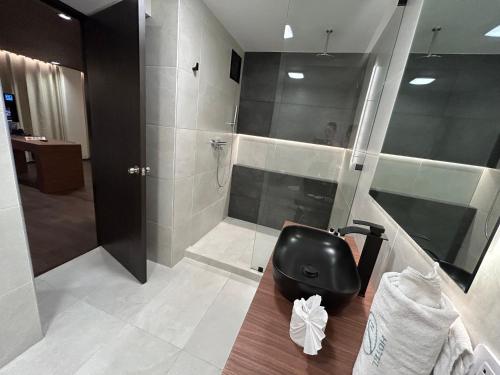 a bathroom with a walk in shower and a black and white at Hotel El Salvador in Mexico City