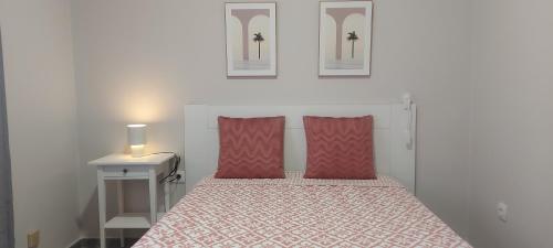 a bedroom with a bed with two red pillows at Gáldar-Centro in Gáldar