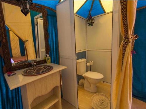 a bathroom with a toilet and a sink and a mirror at Luxury Dune's Camp in Merzouga