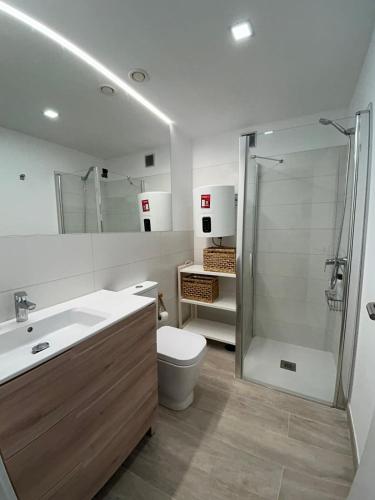a bathroom with a shower and a toilet and a sink at Arguineguín sol y playa in Arguineguín