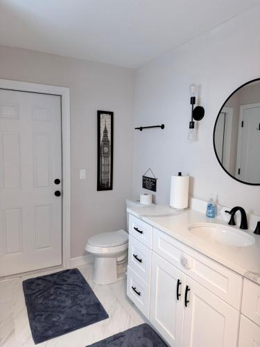 a bathroom with a toilet and a sink and a mirror at Sunshine house on the canal in North Fort Myers
