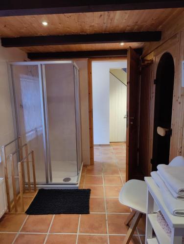 a bathroom with a glass shower and a tiled floor at Haus-Salamander-mit-Sauna in Wildemann