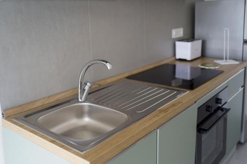 a kitchen with a sink and a counter top at Il Vecchio Pozzo Apartments in Ostigliano