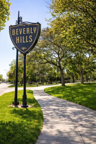 a sign for the beverley hills in a park at Pickford Vibe near Beverly Hills in Los Angeles