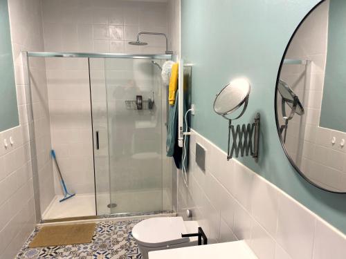 a bathroom with a shower and a toilet and a mirror at Casa-Stella-Azores in Capelas