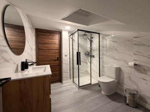 a bathroom with a shower and a toilet and a sink at Campos de Villalba in Villalba