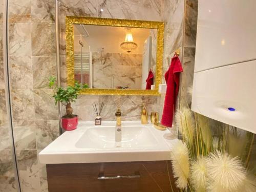 a bathroom with a sink and a mirror at Deluxe Suite in Vienna