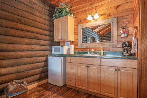 a kitchen with a white refrigerator and a sink at Mountain View Cabins in Tellico Plains