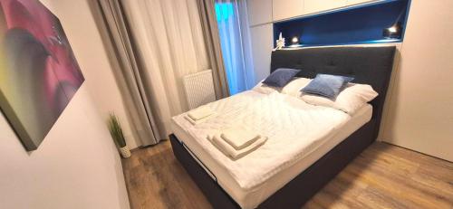 a bedroom with a large bed with blue pillows at Apartmán Riverside Labe Vrchlabí in Vrchlabí