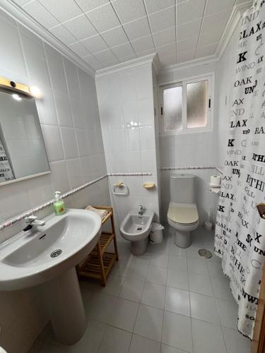 a white bathroom with a sink and a toilet at Urbanova apartamento in El Alted