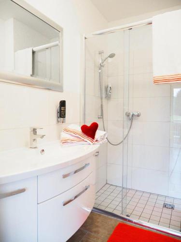 a bathroom with a shower with a red pillow on a counter at Erlachmühle in Mondsee